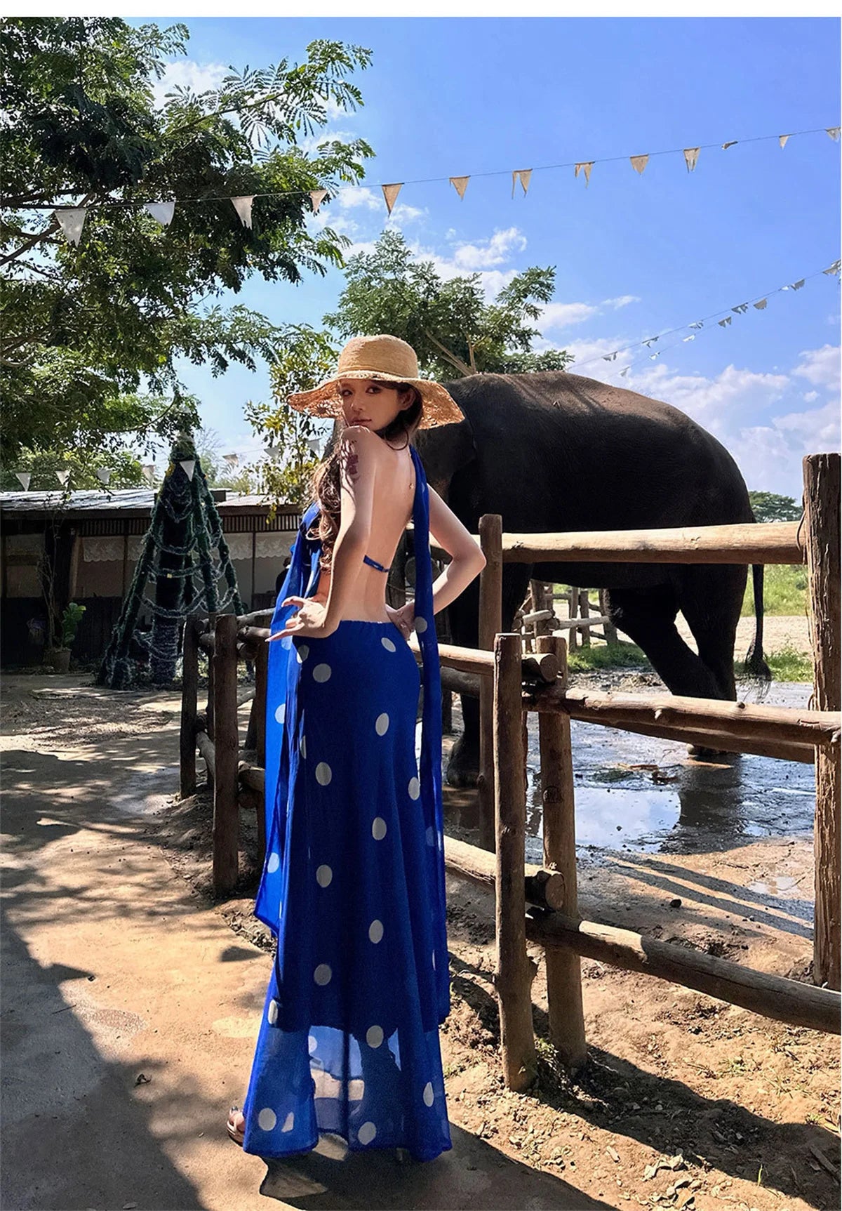 Vintage Polka Dot Backless Halter Maxi Dress for Women