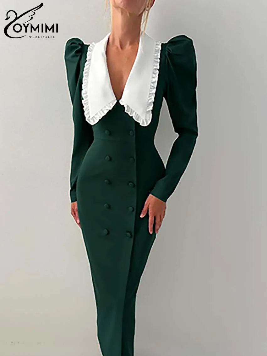 Oymimi Fashion Green Patchwork Womens Dresses Elegant Peter Pan Collar Long Sleeve Dresses Casual Slim Double Breasted Dress