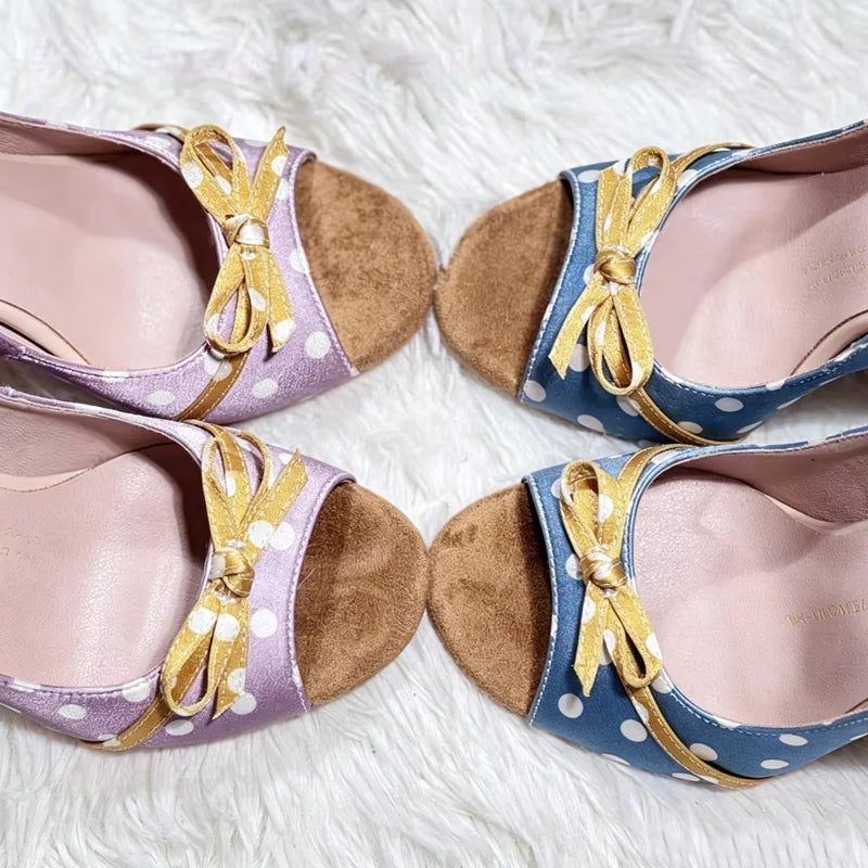 Polka Dot Peep Toe Stiletto Satin Pumps With Silk Bow Buckle For Women