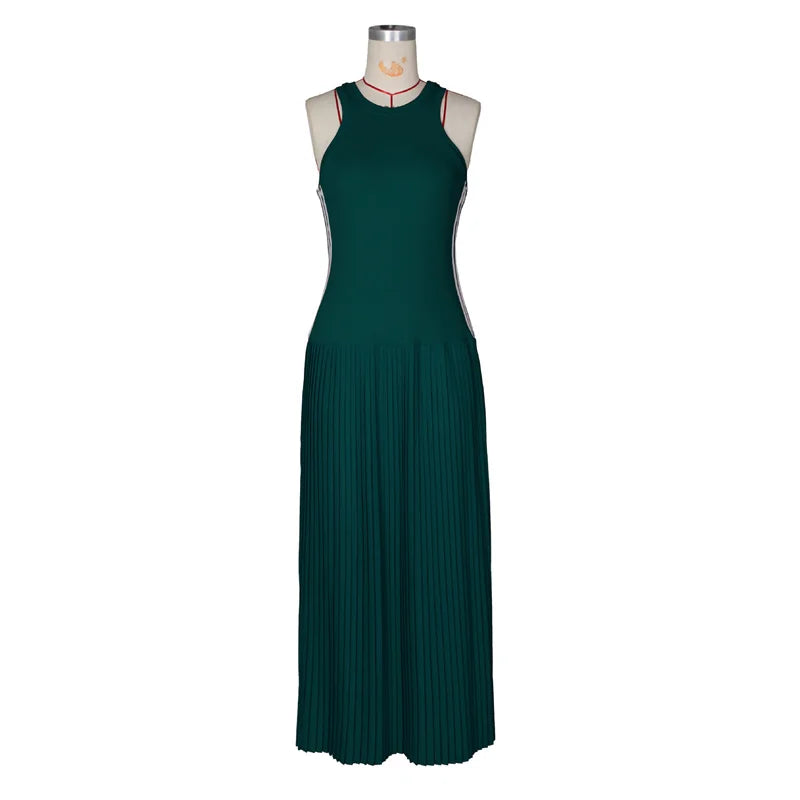 Side Striped Patchwork Pleated Sleeveless A Line Dress for Women