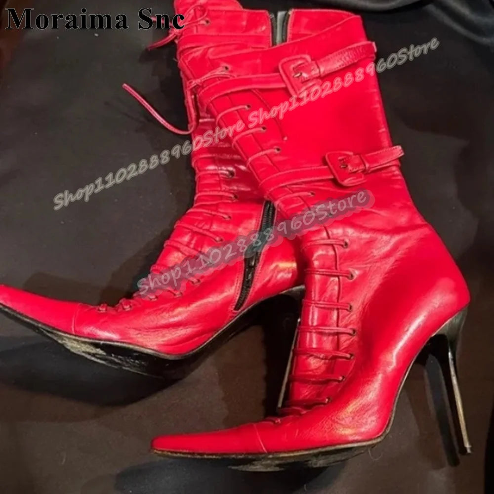 Mid Calf Red Cross Tied Buckle Strap High Heel Boots for Women