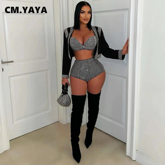 CM.YAYA Diamonds Hot Rhinestones Sexy Party Women's Set Open Stitch Blazer Top + Bra and Shorts 2025 Two 2 Piece Sets Outfits