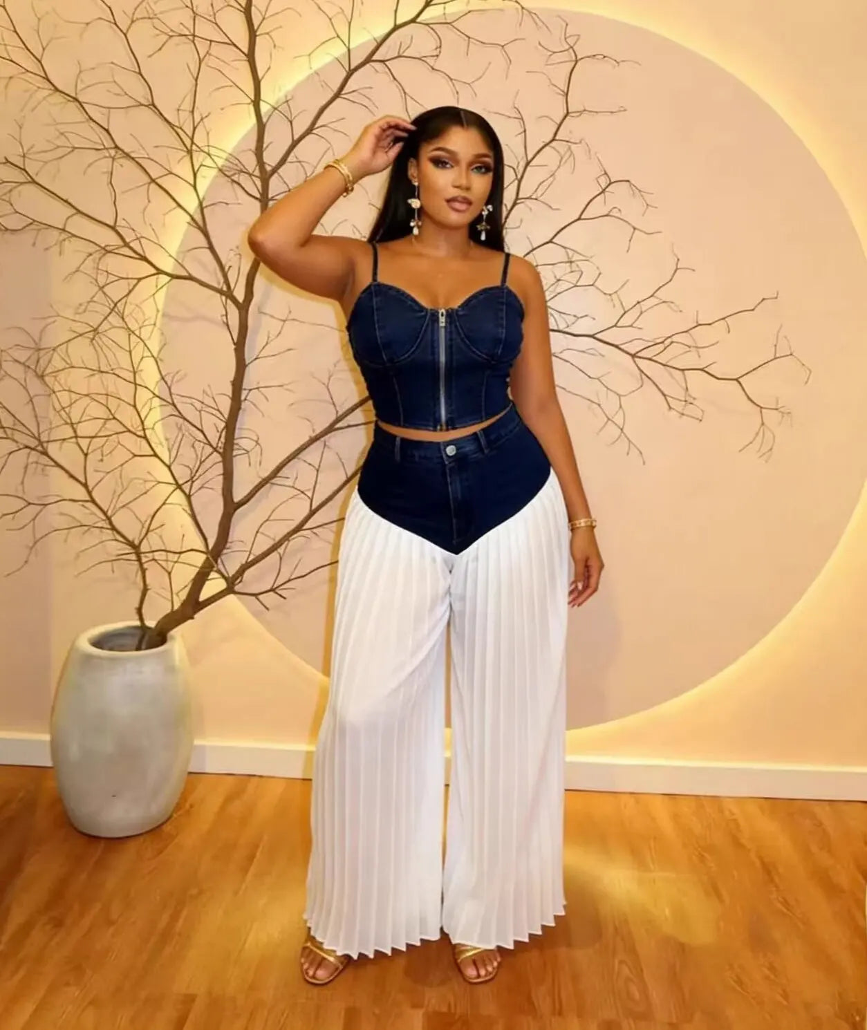 Casual Patchwork Wide Leg Denim Tracksuit Set for Women