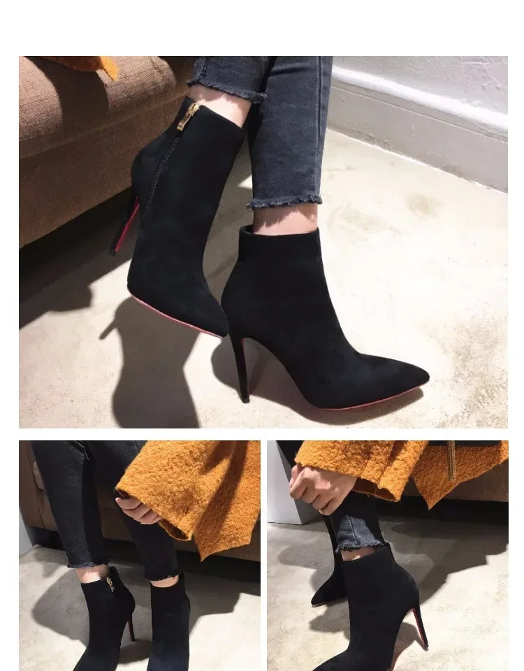 Pointed Toe Soft Leather Ankle Boots With Thin Heels for Women