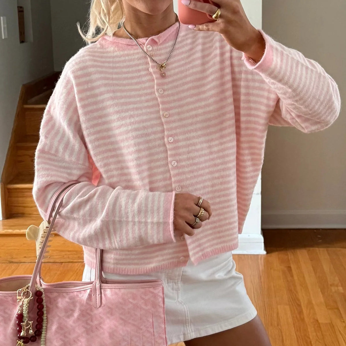 Striped Button Front Knit Cardigan Sweater for Women