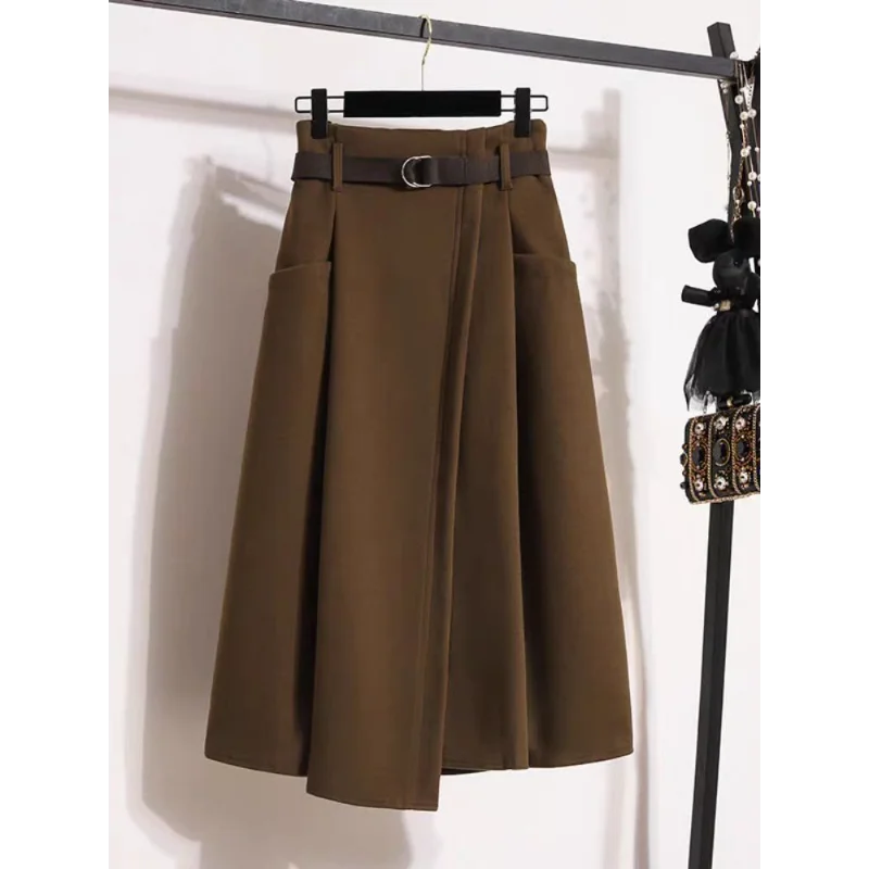 High Waisted Black Wool Midi Skirt With Pockets for Women