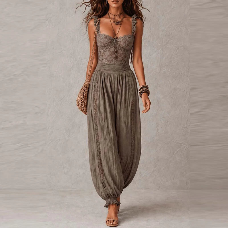 Elegant Lace Trim V Neck Sleeveless Jumpsuit for Women