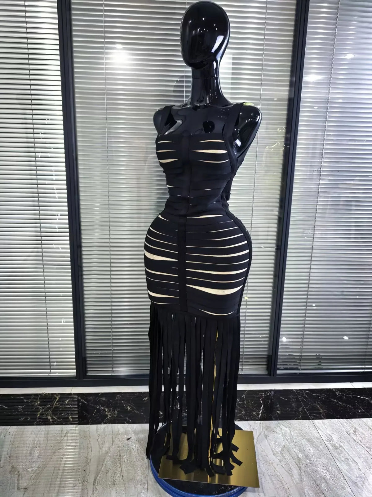 Black Color Women Sleeveless Sexy Square Collar Bodycon Fringes Bandage Long Dress Elegant Evening Party Celebrate Outfit