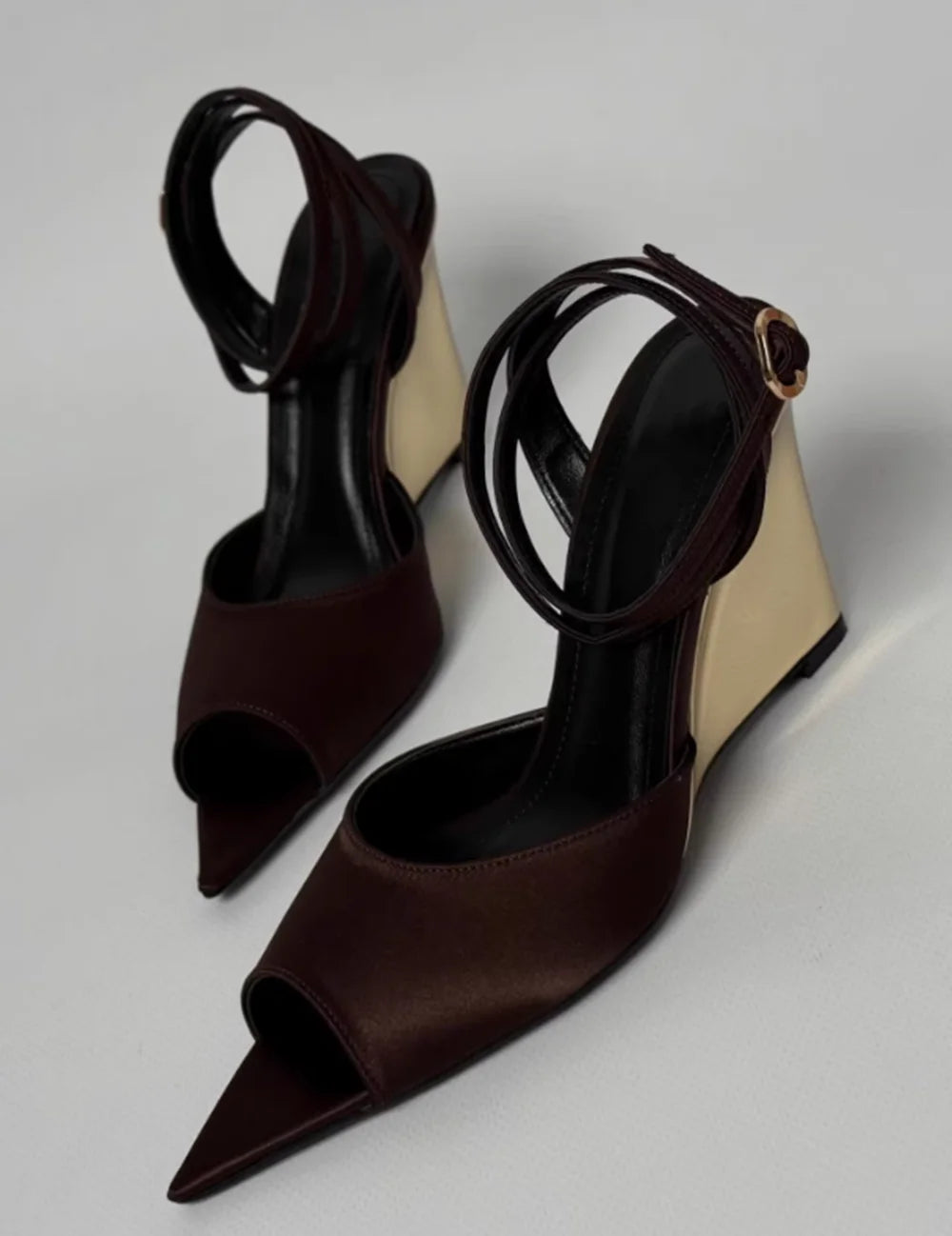 Chocolate Satin Peep Toe Wedge Sandals