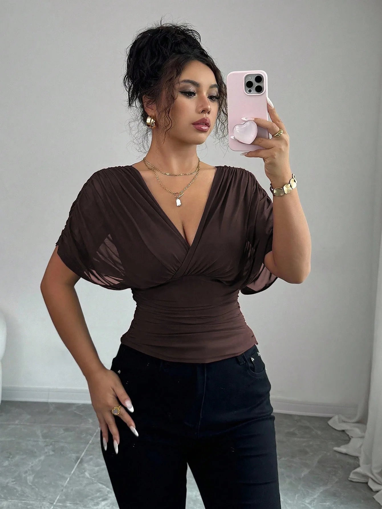 Elegant Deep V Neck Flutter Sleeve Waist Cinching Top for Women