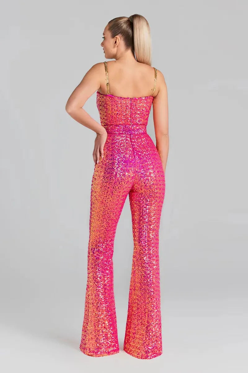 Gold Sequin Design Sleeveless Jumpsuit With Belt for Women