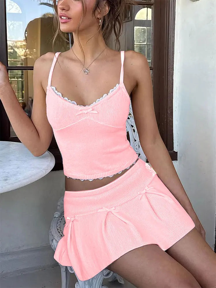 Bow Pleated Two-Piece Skirt Set