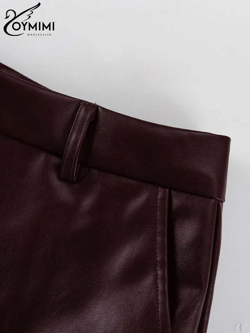 Oymimi Vintage Wine Red Pu Leather Womens 2 Piece Outfit Set Elegant Long Sleeve Lace-Up Shirts And Straight Simple Trousers Set