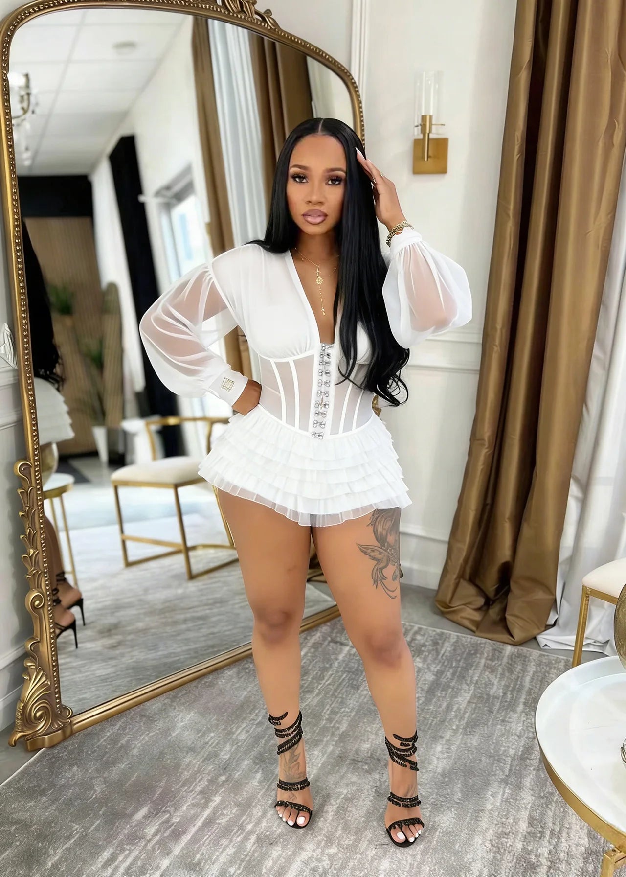 Mesh Ruched Patchwork See Through Long Sleeve Bodycon Rompers for Women