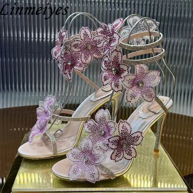 Rhinestone Flower Embellished Wedding High Heel Sandals for Women