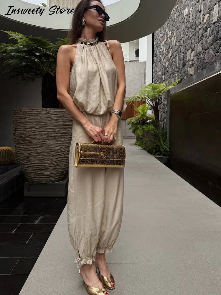 Beaded Halter Top And Lantern Pants Two Piece Set for Women