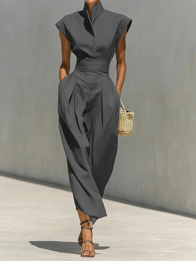Elegant Stand Collar Pocket Summer Long Dress for Women