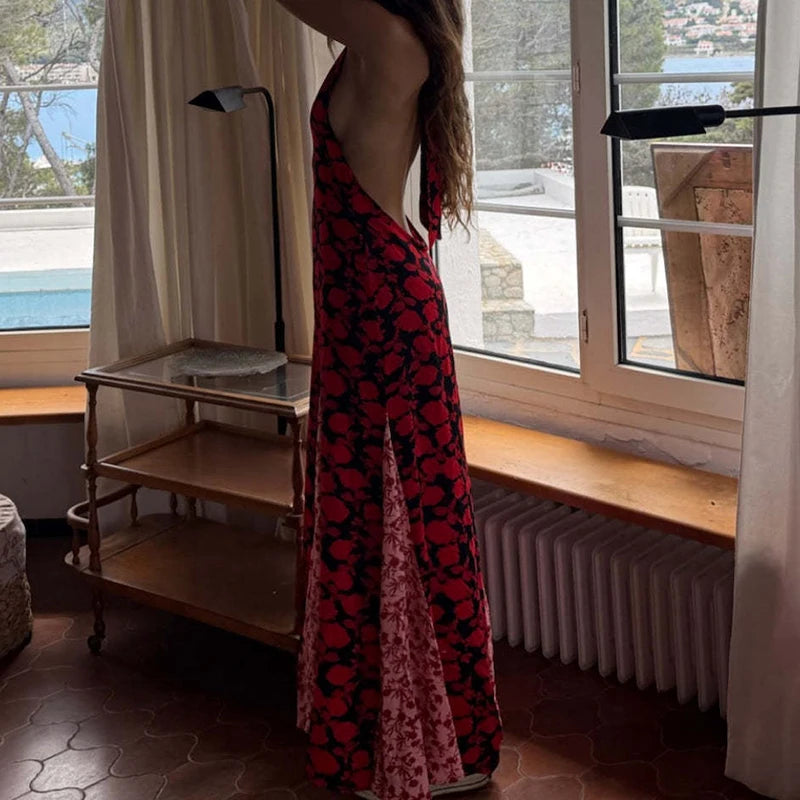 Hollow Out Floral Print Sleeveless Long Dress for Women
