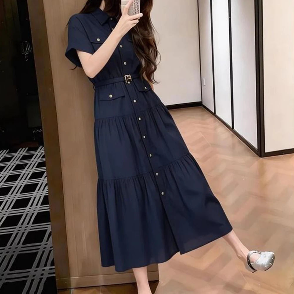 French Blue Short Sleeve Shirt Dress