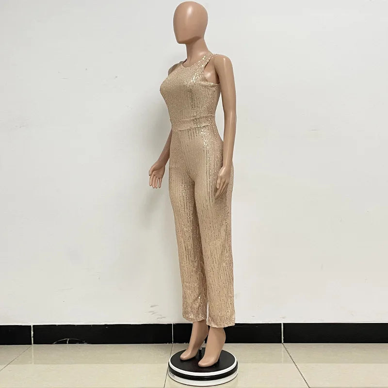 Elegant Silver Sequined Straight Cut Jumpsuit for Women