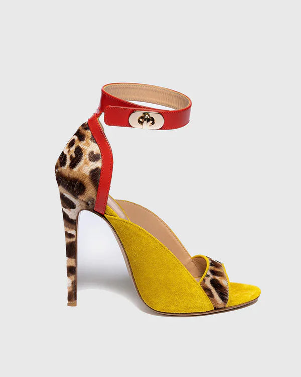 Patchwork Ankle Strap Peep Toe Heeled Sandals for Women