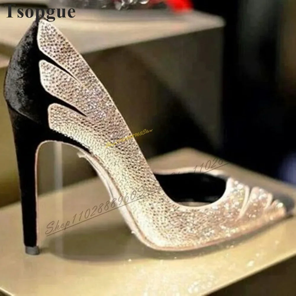 Stylish Mixed Splicinfg Bling Crystal Pumps Thin High Heel Shoes For Women Slip On Pointed Toe 2024 Fashion Zapatos Para Mujere