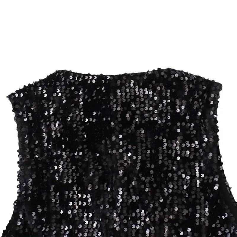 V Neck Single Breasted Sequin Sleeveless Waistcoat for Women