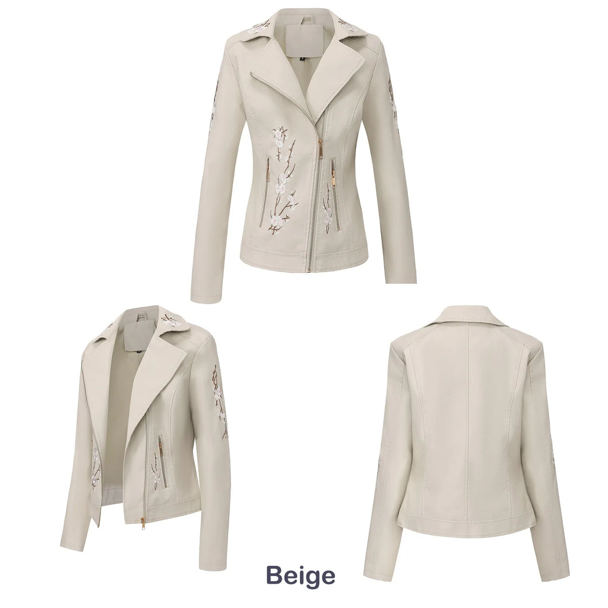 Embroidered Faux Leather Motorcycle Jacket for Women