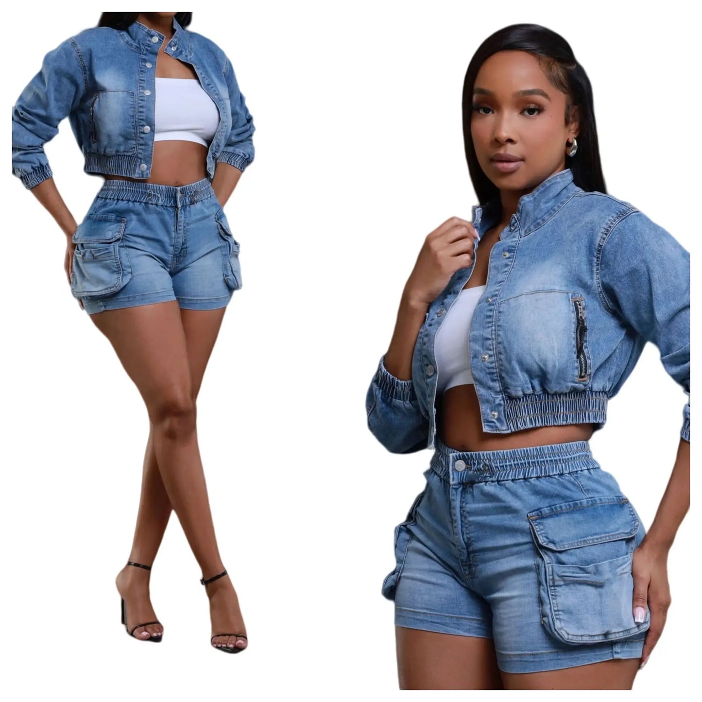 Summer Stretch Two-Piece Denim Shorts Set for Women