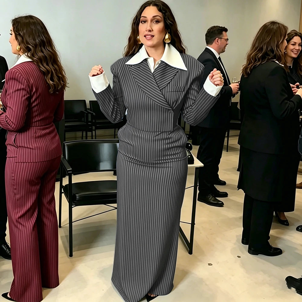 Navy Pinstripe Single Breasted Blazer Skirt Set for Women