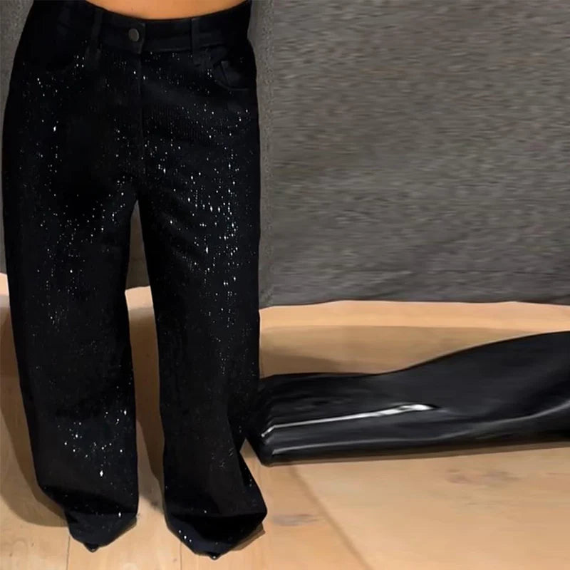 Sequined High Waist Wide Leg Pants with Pockets for Women