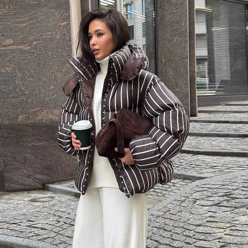 Striped Cotton Quilted Coat Single Breasted for Women