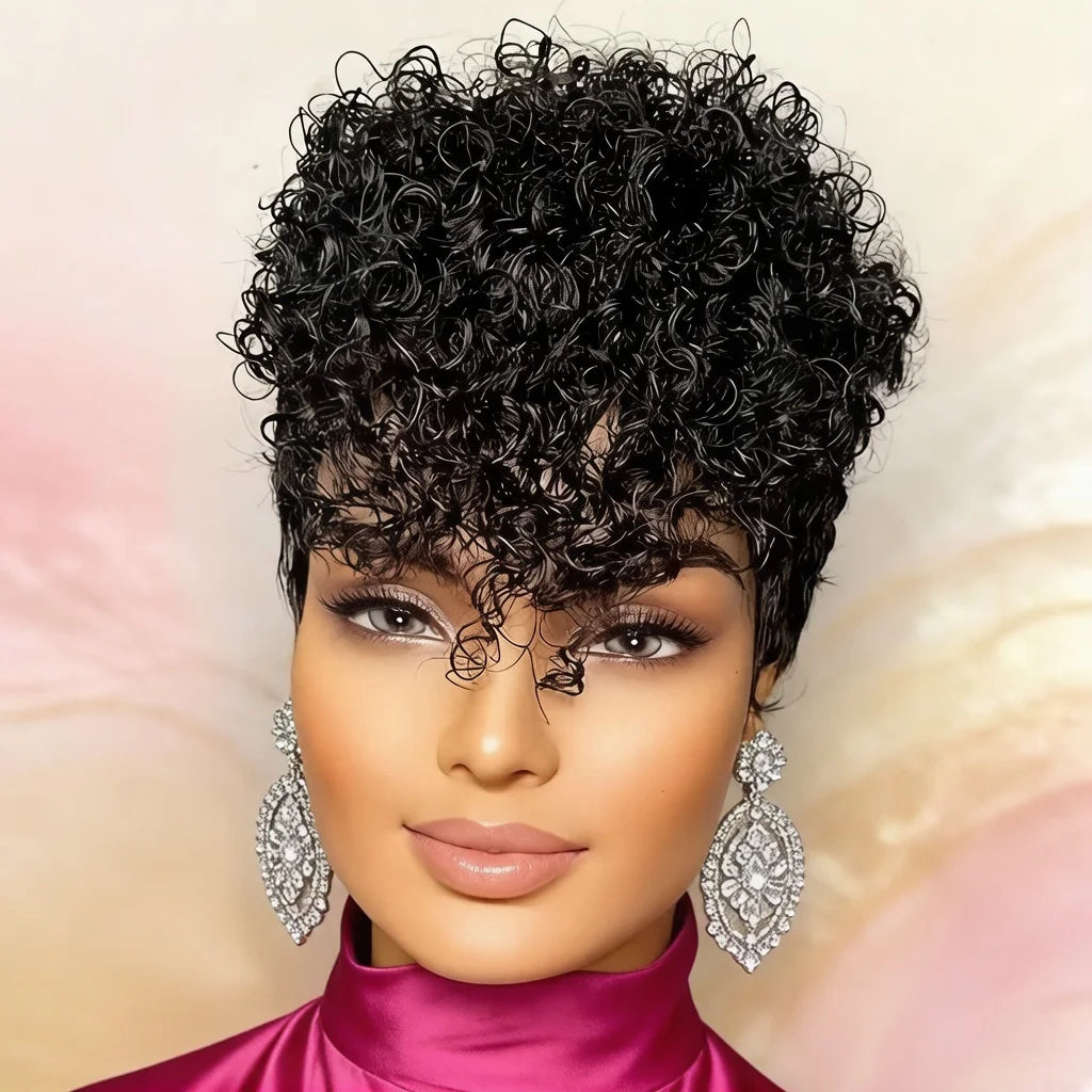 Natural Black Curly Pixie Wig Human Hair With Pre Plucked Bangs For Women