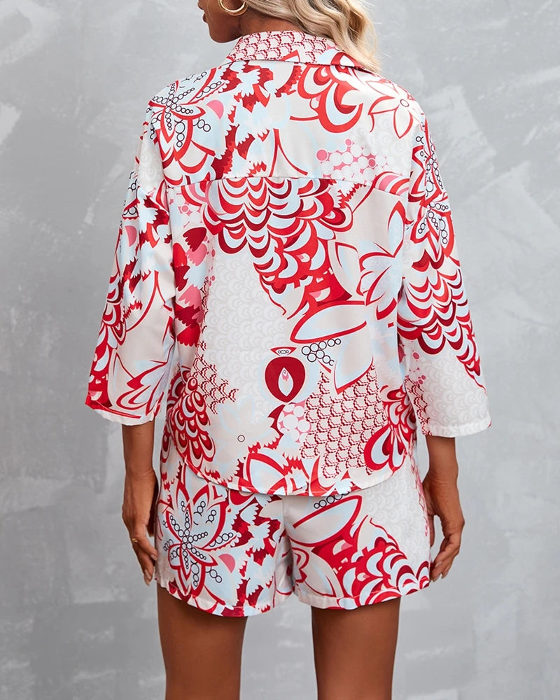 Summer Women Floral Fish Scale Print Button Front Turn-down Collar Top and Wide Leg Shirring Waist Shorts Set Casual Outfits