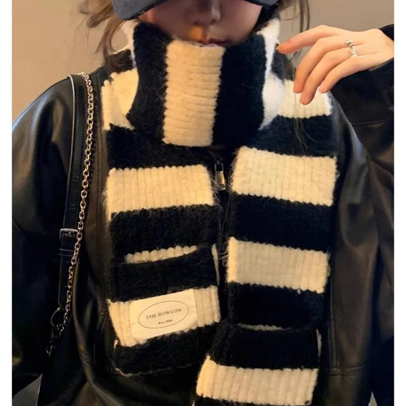Striped Knit Scarf Wrap With Pockets