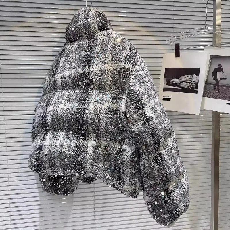 Autumn Winter New Unique Design Parkas Top Sequined Tweed Heavy Industry Soft Girls Warm Bread Jacket Down Coat Women's Clothing