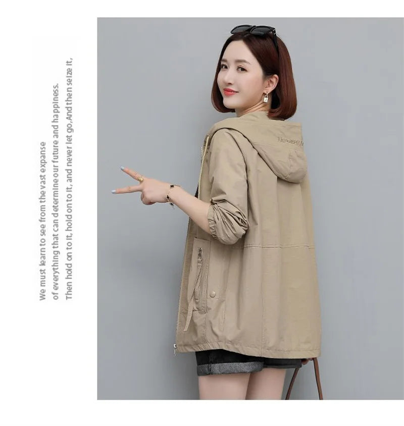 Lining Hooded Coat Female Spring And Autumn Temperament Short Jacket Casual Short Trench Coat Female Hooded Outwear Khaki