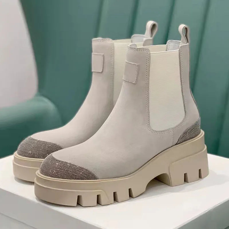Thick Sole Suede Chelsea Boots With Round Toe For Women