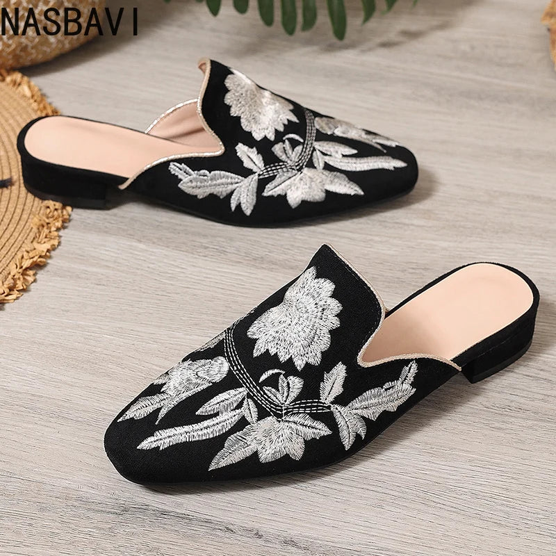 Chic Floral Velvet Embroidered Mules