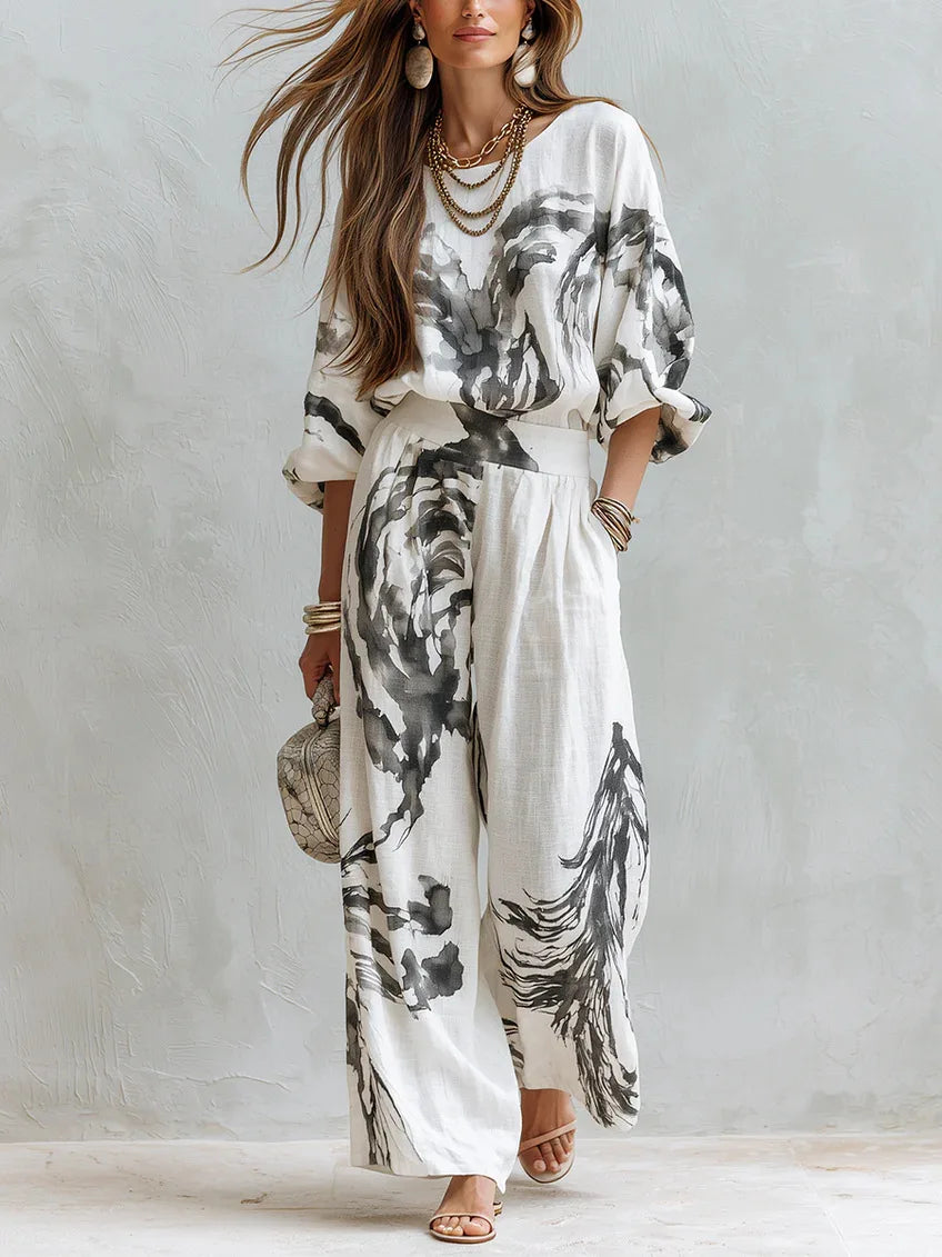 Casual Retro Printed Two Piece Pants Set for Women