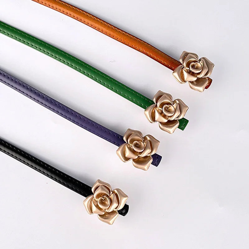 Double Sided Metal Flower Buckle Thin Belt for Women