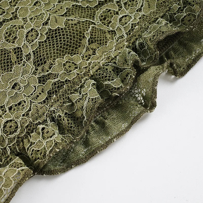 Green Sheer Lace V-Neck Flare Sleeve Top for Women