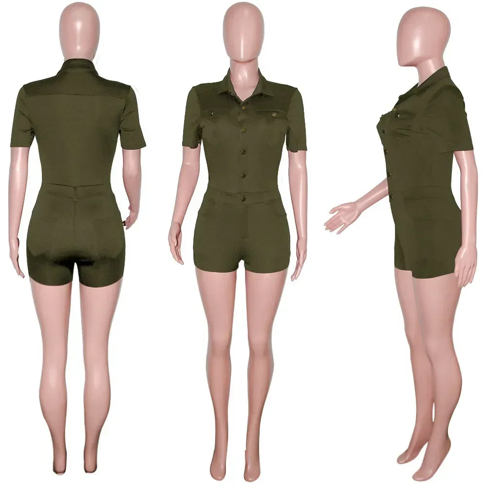 Summer V Neck Mesh Cargo Short Jumpsuit for Women