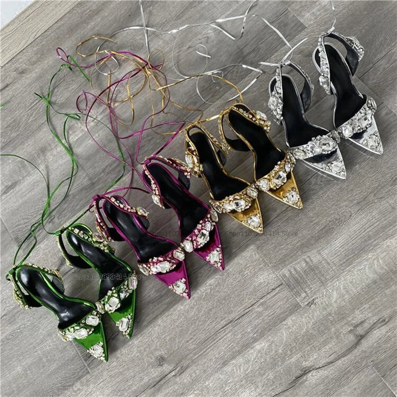 Green Open Toe Sandals With Back Strap And Crystal Detail For Women