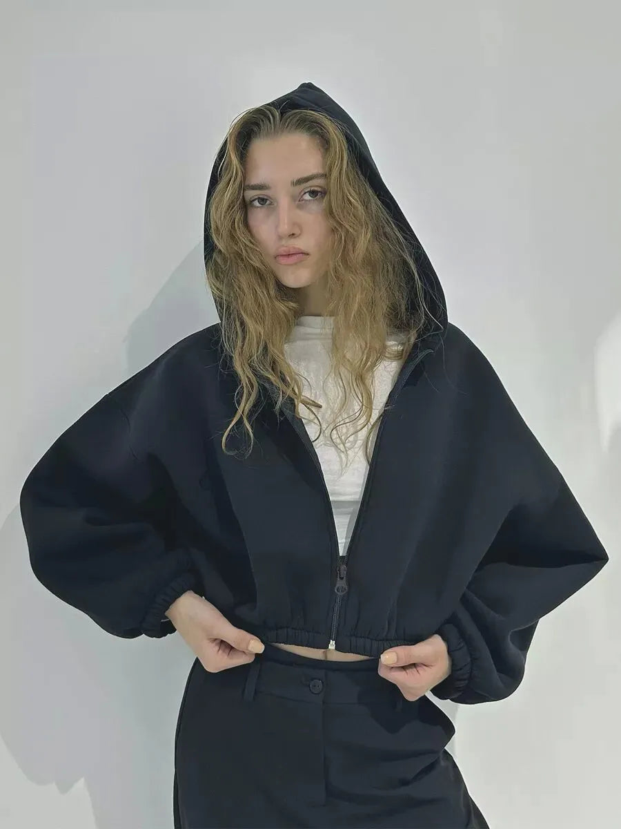 Cropped Zipper Hooded Sweatshirt Jacket With Long Sleeves for Women