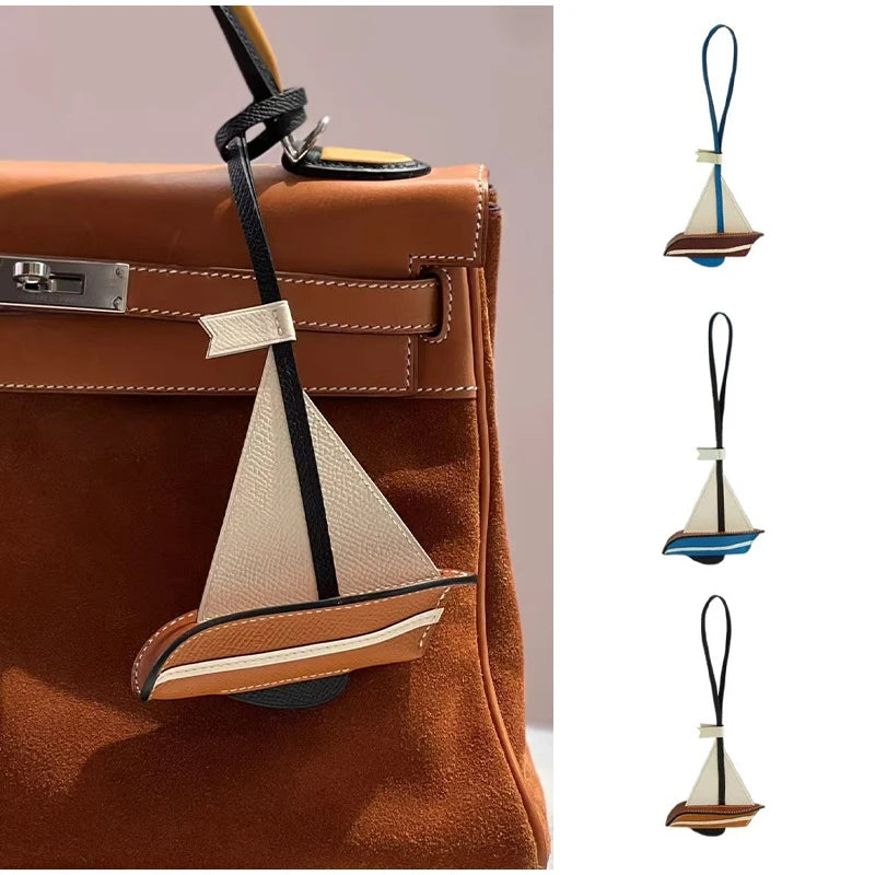 Fresh and elegant handmade calfskin sailboat key bag pendant Navy style natural and unique highlight personality car pendant