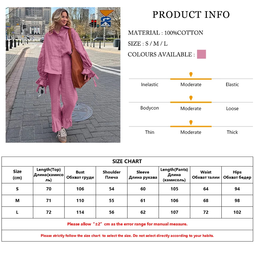 Loose Pink Cotton Shirt and Wide Leg Pants Set for Women