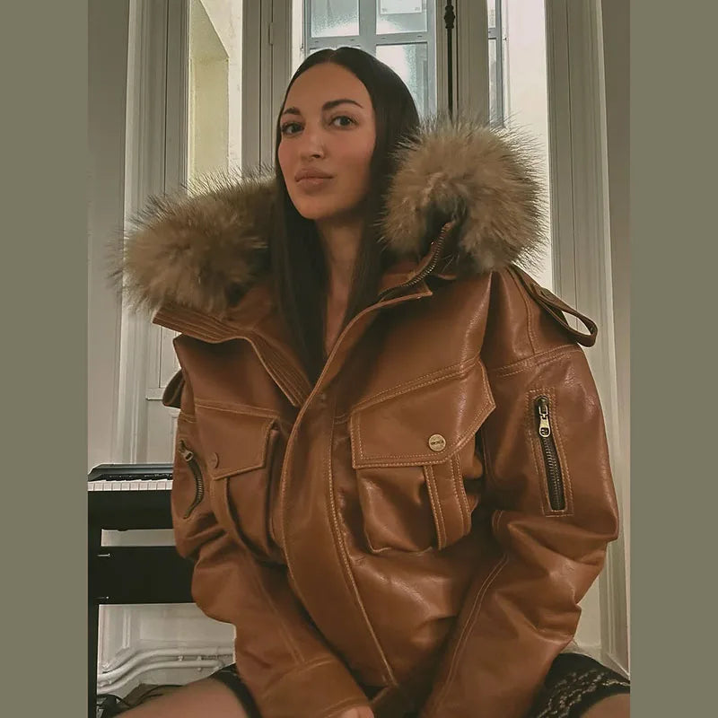 Fur Collar Women 's Leather Jackets Vintage Hooded Zipper Pockets Full Sleeve Jackets Lady 2025 New Woman Winter Coats Outwears