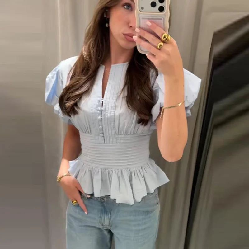 Elegant Puff Sleeve Cinched Waist Solid Color Blouse for Women