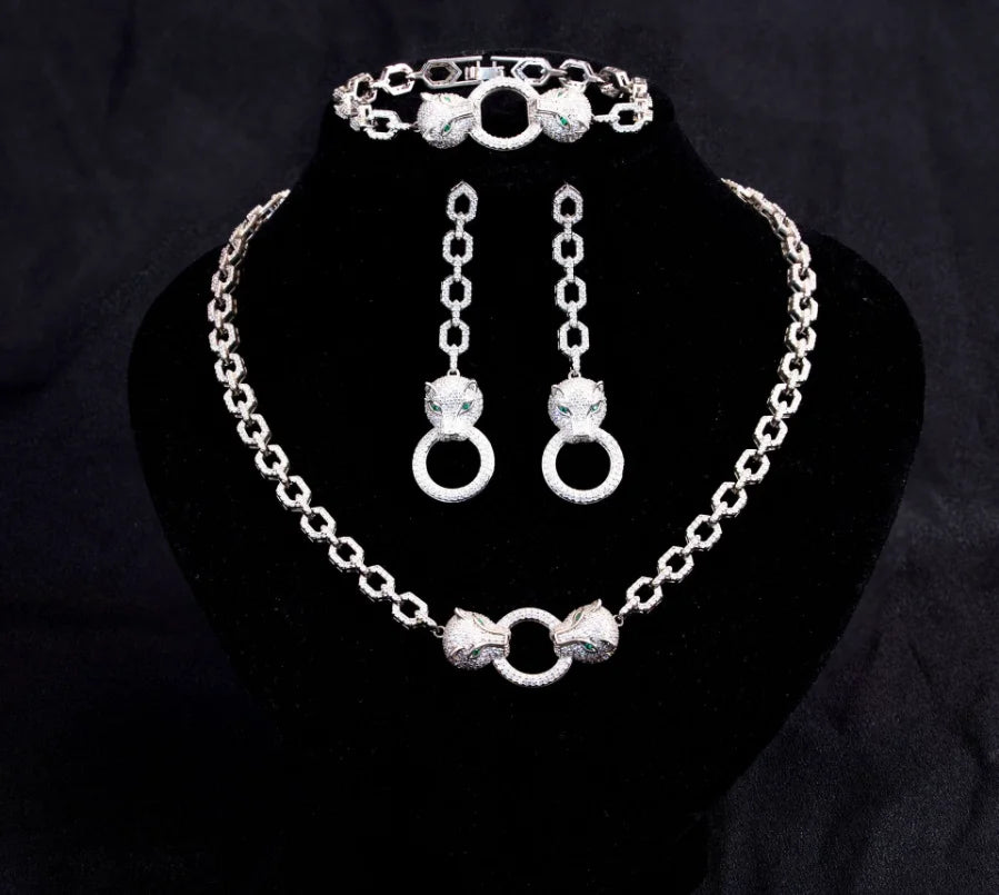 Leopard Zircon Earrings Necklace And Bracelet Set for Women